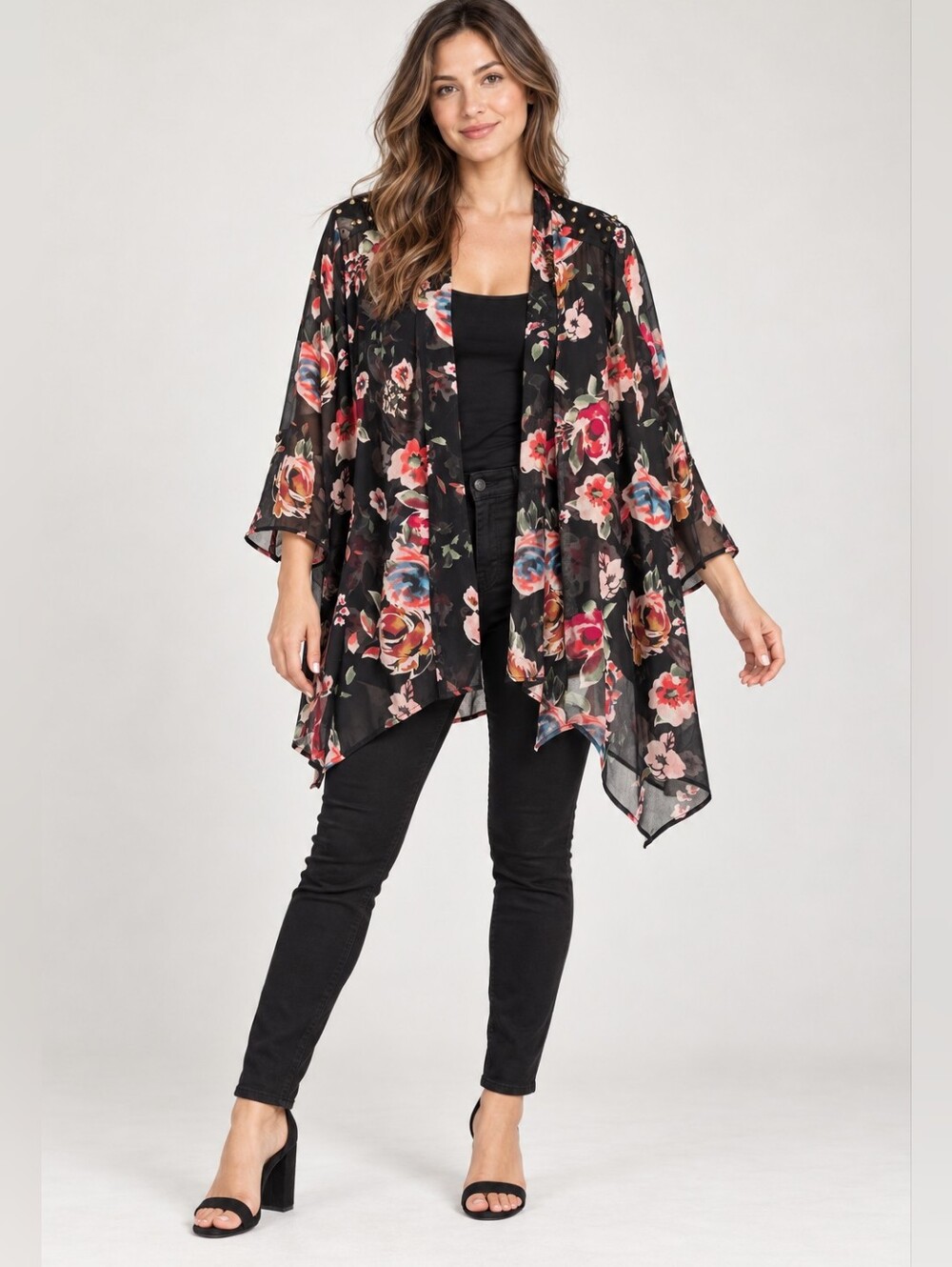 Gimmicks by BKE Sheer Floral Kimono Cardigan Studded Shoulder Open Front